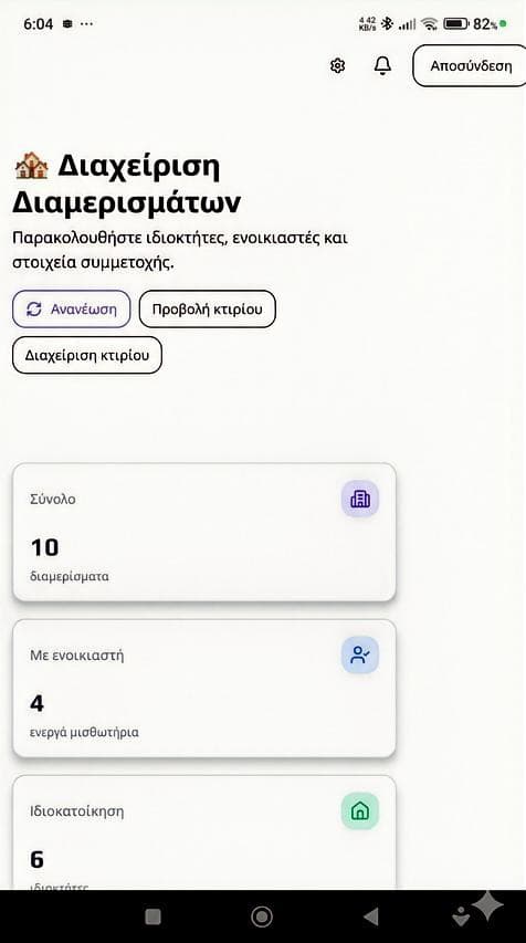 Dashboard γραφείου διαχείρισης - πολλαπλές πολυκατοικίες